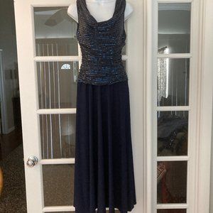 R & M Richards Navy Blue Cowl Neck Gown Sequins 4 Petite